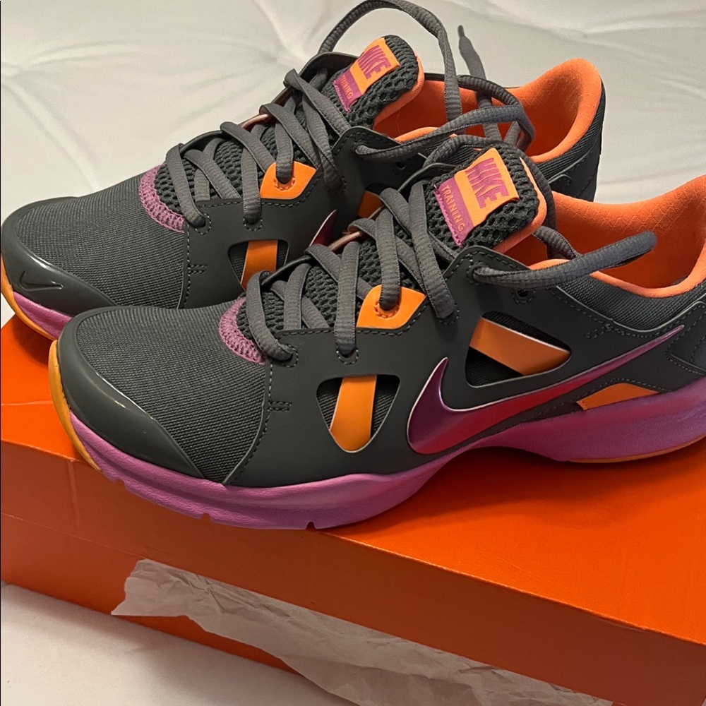 Nike Women’s Dark Gray Sneakers with Pink and Orange Accents